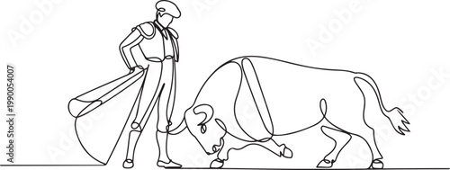 One continuous line. Spanish style bullfight. Spanish matador. Toreador in traditional costume. Bull in battle. one line art icon drawing vector