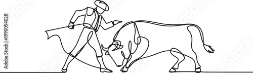 One continuous line. Spanish style bullfight. Spanish matador. Toreador in traditional costume. Bull in battle. one line art icon drawing vector