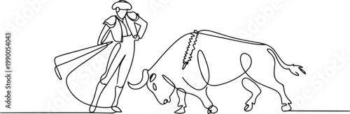 One continuous line. Spanish style bullfight. Spanish matador. Toreador in traditional costume. Bull in battle. one line art icon drawing vector
