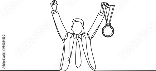 Continuous one line drawing a man in a suit raises both hands and holds a medal. Recognition of work results. Successful business. one line art icon drawing vector