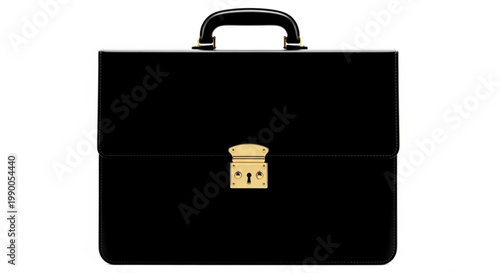 A sleek, black leather briefcase with a polished gold lock and handle, symbolizing business, travel, and professional executive status.