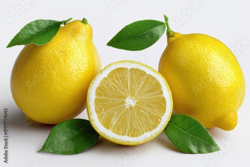 Vibrant Fresh Lemons With Green Leaves, One Cut Half Showcasing Juicy Interior