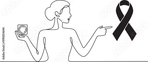 Woman pointing at red ribbon and holding condom. one line art icon drawing vector