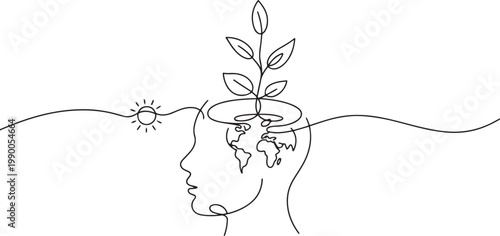 Plant leaves seed grow in brain concept. Continuous one line drawing of human head with a plant, globe and sun. one line art icon drawing vector