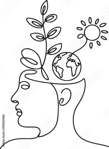 Plant leaves seed grow in brain concept. Continuous one line drawing of human head with a plant, globe and sun. one line art icon drawing vector