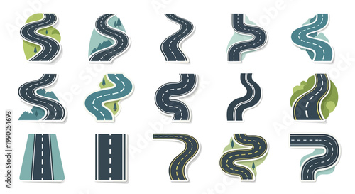 Winding road illustrations with varied landscapes