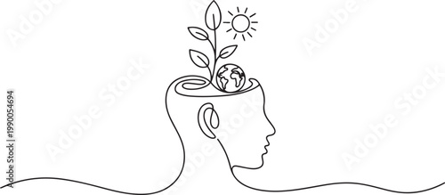 Plant leaves seed grow in brain concept. Continuous one line drawing of human head with a plant, globe and sun. one line art icon drawing vector