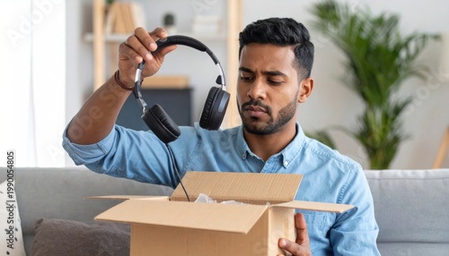 Young Man Unboxes Headphones from Delivery Box, Inspecting New Product at Home