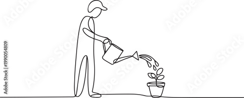 Continuous line drawing watering plant vector illustration. one line art icon drawing vector