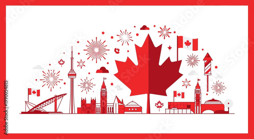 Canada Day Celebration: Maple Leaf, Fireworks, Canadian Landmarks and Flags