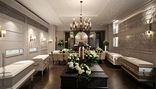 Funeral Home Interior with Coffins and Flowers