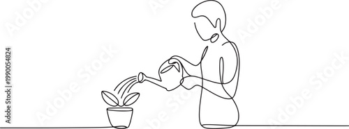 Continuous line drawing watering plant vector illustration. one line art icon drawing vector