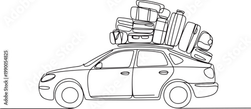 Single continuous line drawing car carrying a lot of luggage on the roof rack. Family car for long road trips. Excess clothing supply. one line art icon drawing vector