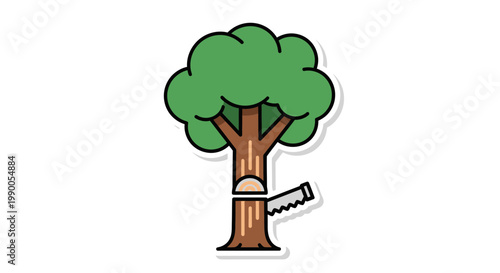 Tree with saw cutting through trunk