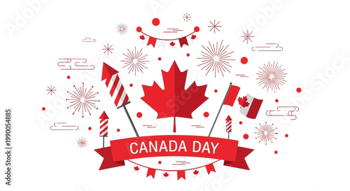 Canada Day Celebration: Maple Leaf, Fireworks, Flags, and Party Banners
