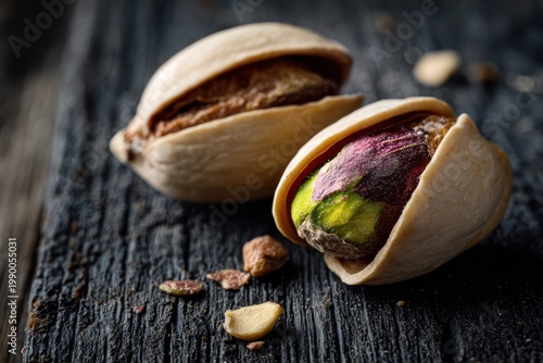 Vibrant Pistachio Nuts with Colorful Kernels on Rustic Dark Wood Surface