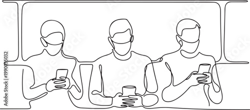 Modern abstract faces of people wearing masks in public transport. Smartphone use. one line art icon drawing vector