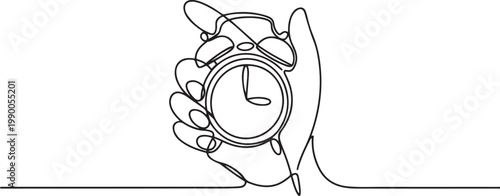 Hand holding an alarm clock in one continuous line. one line art icon drawing vector