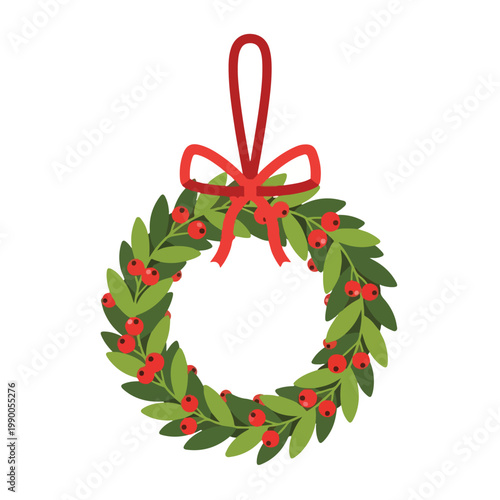 Holiday Wreath with Green Leaves and Red Berries