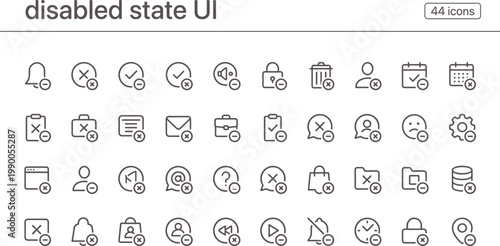 Disabled State UI Icon Set Outline Style with Inactive Controls Error Indicators Restrictions and Interface Feedback Elements for Apps