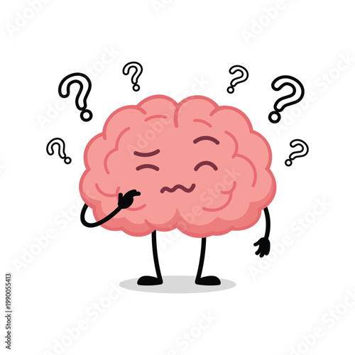 Confused cartoon brain character thinking with question marks isolated on white