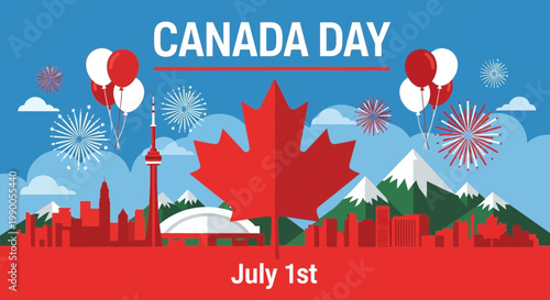 Canada Day Celebration: Red Maple Leaf, Fireworks, Balloons, Toronto Skyline