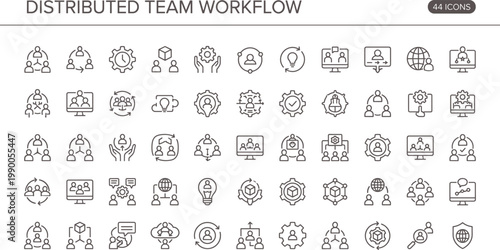 Distributed Team Workflow Outline Icon Set with Remote Collaboration Communication Network Management and Business Process Tools for Apps