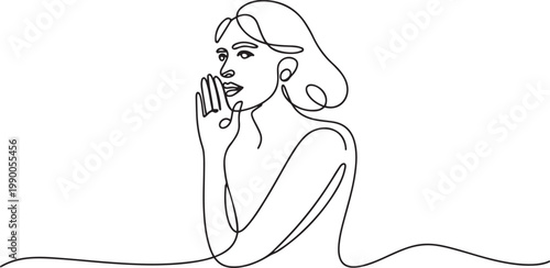 one woman secretly gossiping silent talking giving information showing. one line art icon drawing vector