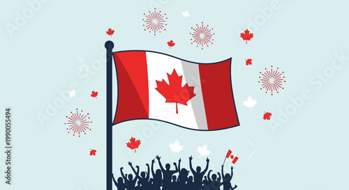 Canada Day Celebration: Waving Flag, Fireworks, Maple Leaves, Cheering Crowd