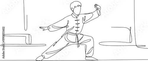 Single line drawing of young wushu fighter, kung fu master in uniform training tai chi stances in dojo center. one line art icon drawing vector