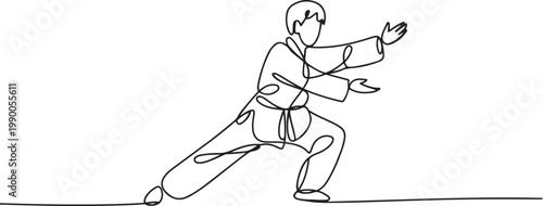 Single line drawing of young wushu fighter, kung fu master in uniform training tai chi stances in dojo center. one line art icon drawing vector
