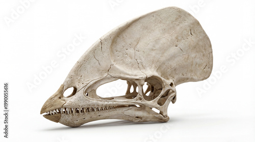 Close-up of Tupandactylus imperator skull isolated on white background, detailed scientific reconstruction highlighting crest structure and pterosaur bone anatomy.
