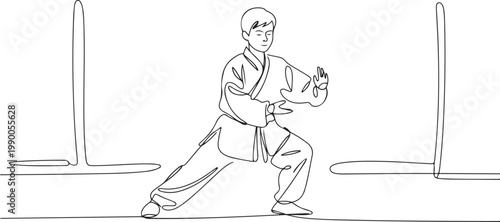 Single line drawing of young wushu fighter, kung fu master in uniform training tai chi stances in dojo center. one line art icon drawing vector