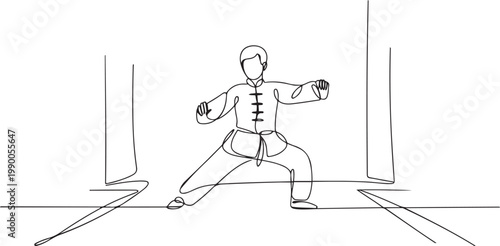Single line drawing of young wushu fighter, kung fu master in uniform training tai chi stances in dojo center. one line art icon drawing vector