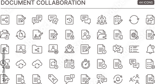 Document Collaboration Outline Icon Set with File Sharing Editing Communication Workflow and Team Productivity Tools for Apps