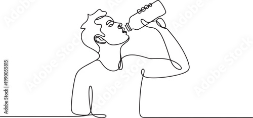 a Man Drinks water from a Bottle Arm hand with a Water bottle. one line art icon drawing vector