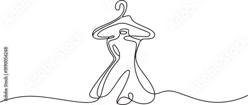 Hanger and dress emblem or logo design, sewing workshop, continuous line drawing, studio mannequin, tattoo, tailor, sewing salon, atelier, fashion shop. one line art icon drawing vector