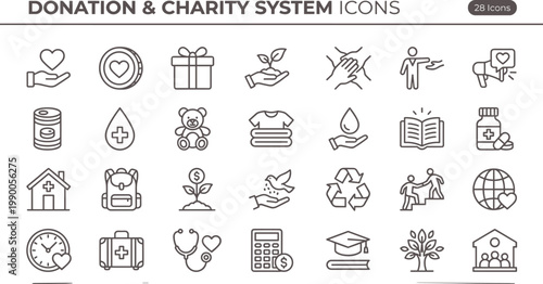 Donation and Charity System Icon Set Outline Style with Fundraising Support Giving Healthcare and Community Help Concepts for Apps