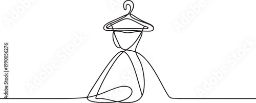 Hanger and dress emblem or logo design, sewing workshop, continuous line drawing, studio mannequin, tattoo, tailor, sewing salon, atelier, fashion shop. one line art icon drawing vector