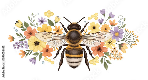 A detailed illustration of a bee surrounded by colorful flowers celebrates world bee day, rendered with a soft, watercolor aesthetic against a clean white background creating a cheerful