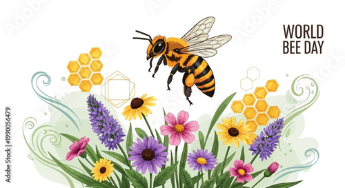 A buzzing bee flies above a vibrant arrangement of wildflowers and honeycomb pieces in a festive composition celebrating World Bee Day with bright colors and a cheerful mood against a clean