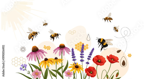 Illustrated scene featuring bees flying around colorful flowers in celebration of world bee day, set against a white background, with whimsical, cartoon-like designs and soft lighting