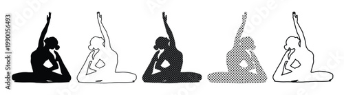 Set of 5 yoga pose silhouette and outline vector icons