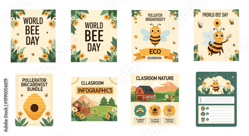 A collection of educational posters celebrating world bee day with cartoon bees and floral elements, presented in a colorful, illustrative style against various backgrounds to promote