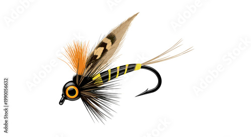 Detailed fly fishing lure with orange hackle, yellow and black body, and sharp metal hook isolated