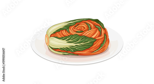 Fermented kimchi cabbage placed on a white plate isolated on a white background, for food