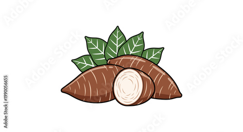 Fresh brown cassava tubers with green leaves isolated on a white background, root vegetable