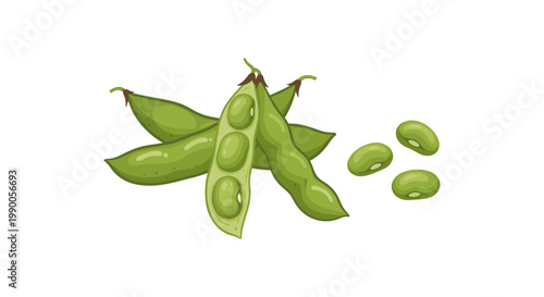 Fresh green edamame soybeans in pods and three loose beans on a white background