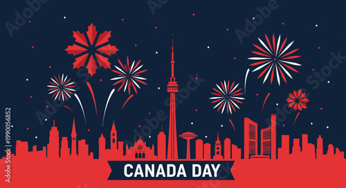 Canada Day Fireworks Over Toronto Skyline Silhouette