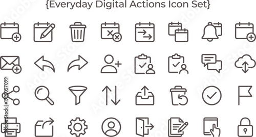 Everyday Digital Actions Icon Set Outline Style with Interface Controls File Management Navigation and User Interaction Tools for Apps